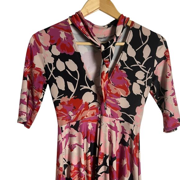 Zara High Neck Pink Floral Print Elbow Sleeve Tie Back Midi Dress Size Small - Picture 11 of 12